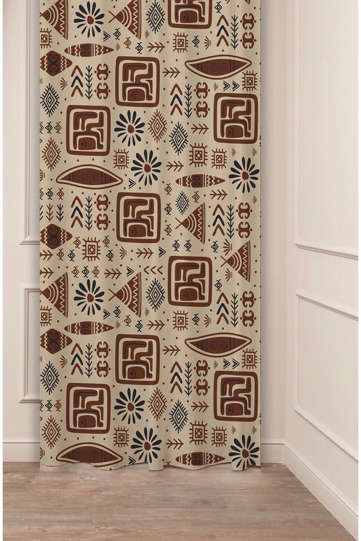 Ethnic Tribal Motif Curtain - Vintage Boho Symbols & Earth Tone Digital Printed Single Panel Drape for Authentic Home Decor