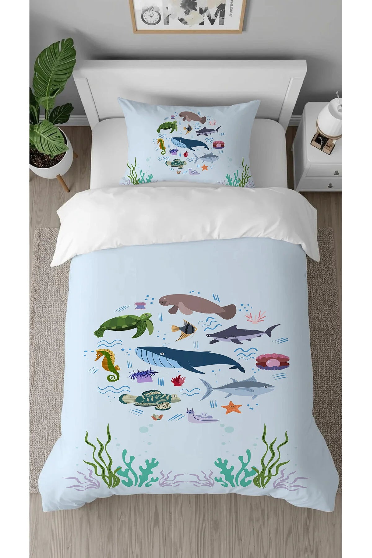 Ocean Life Kids Bedding Set - Deep Sea Animals & Marine Wildlife Digital Printed Soft Duvet Cover & Pillowcase for Nautical Nursery Decor