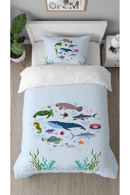 Ocean Life Kids Bedding Set - Deep Sea Animals & Marine Wildlife Digital Printed Soft Duvet Cover & Pillowcase for Nautical Nursery Decor