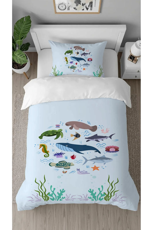 Ocean Life Kids Bedding Set - Deep Sea Animals & Marine Wildlife Digital Printed Soft Duvet Cover & Pillowcase for Nautical Nursery Decor