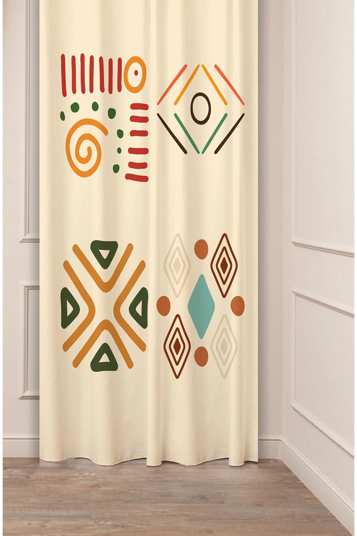 African Tribal Geometric Curtain - Ethnic Symbols & Earth Tone Abstract Digital Printed Single Panel Drape for Authentic Boho Home Decor