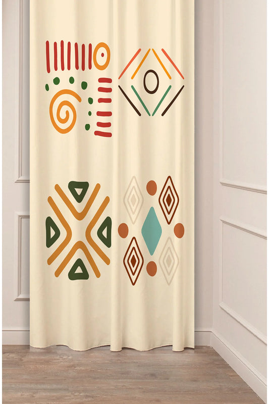 African Tribal Geometric Curtain - Ethnic Symbols & Earth Tone Abstract Digital Printed Single Panel Drape for Authentic Boho Home Decor