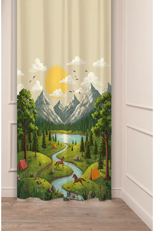 Mountain Paradise Adventure Curtain - Scenic River, Forest & Wild Horses Digital Printed Single Panel Drape for Nature-Themed Kids Room & Home Decor