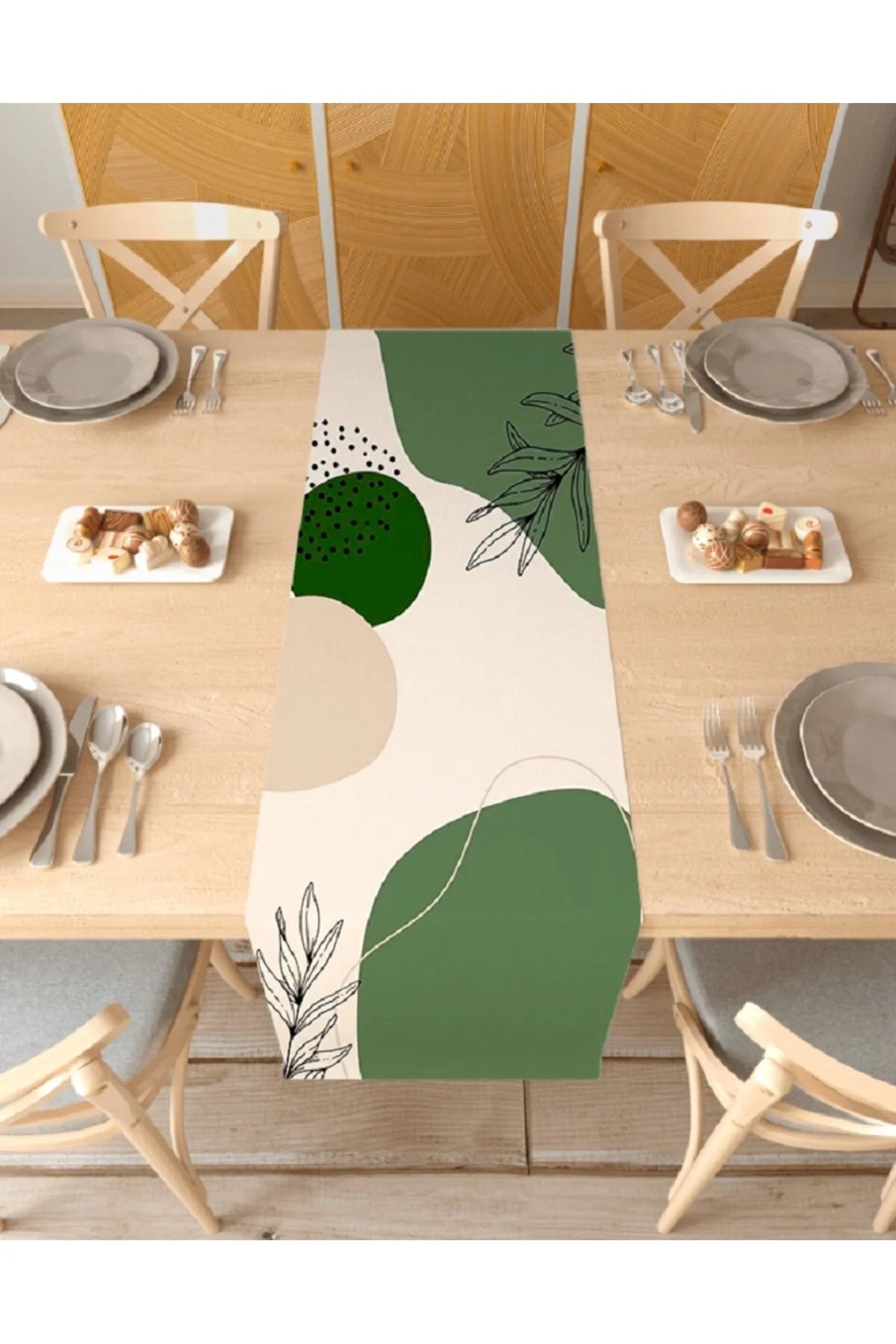 Abstract Green Oasis Table Runner - Minimalist Sage & Forest Green Botanical Digital Printed Decorative Table Cover for Modern Dining Decor