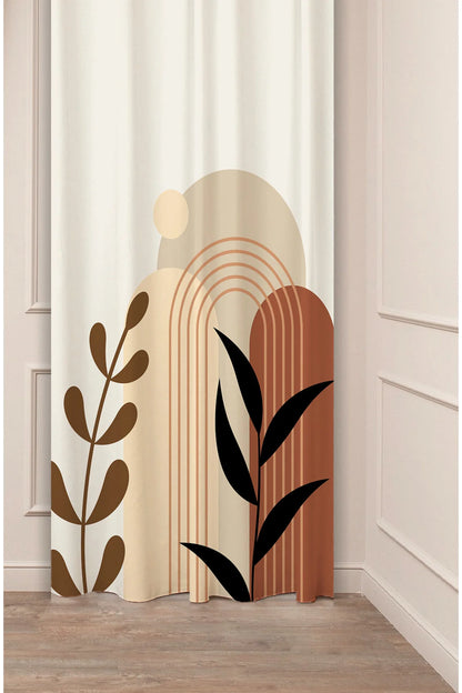 Modern Warm Boho Arch Curtain - Minimalist Terracotta Geometric & Botanical Leaf Digital Printed Single Panel Drape for Aesthetic Home Decor