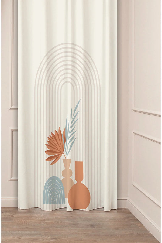 Modern Boho Vase & Arch Curtain - Abstract Terracotta Botanical Digital Printed Single Panel Drape for Aesthetic Home Decor