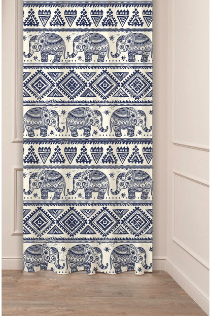 Bohemian Elephant Mandala Curtain - Indigo Blue Ethnic Symbols & Tribal Geometry Digital Printed Single Panel Drape for Authentic Home Decor