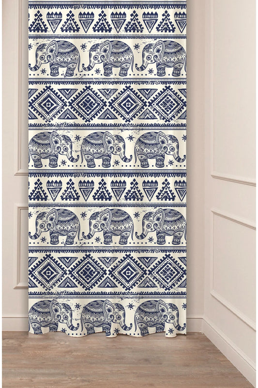 Bohemian Elephant Mandala Curtain - Indigo Blue Ethnic Symbols & Tribal Geometry Digital Printed Single Panel Drape for Authentic Home Decor
