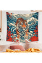 Tiger Over Great Wave Wall Tapestry - Japanese Ukiyo-e Style Great Wave, Bengal Tiger & Red Peony Digital Printed Fabric Wall Hanging for Aesthetic Home Decor
