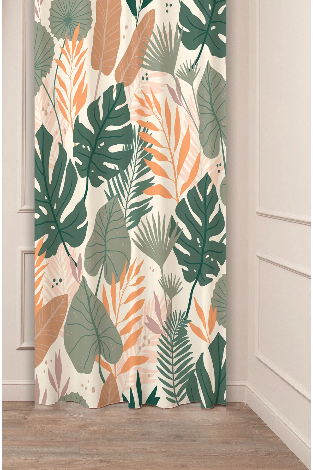 Modern Tropical Foliage Curtain - Abstract Sage Green, Terracotta & Beige Monstera Leaf Digital Printed Single Panel Drape for Aesthetic Home Decor