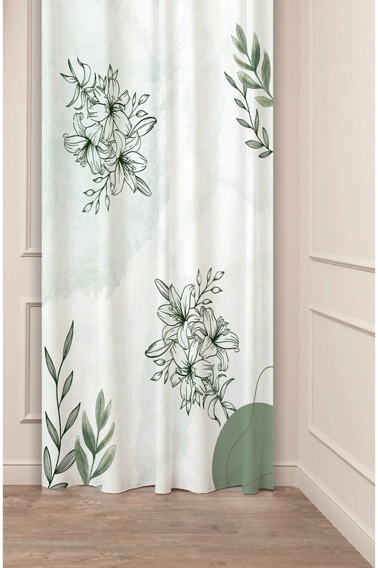 Elegant Lily & Botanical Art Curtain - Minimalist Sage Green Watercolor Floral Digital Printed Single Panel Drape for Aesthetic Home Decor
