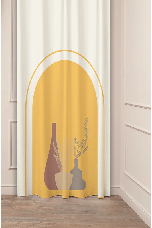 Modern Golden Arch & Pottery Curtain - Minimalist Mustard Yellow Geometric & Botanical Digital Printed Single Panel Drape for Aesthetic Home Decor