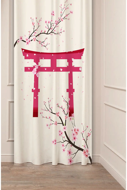 Japanese Sakura & Torii Gate Curtain - Zen Aesthetic Pink Cherry Blossom & Red Shinto Gate Digital Printed Single Panel Drape for Modern Home Decor
