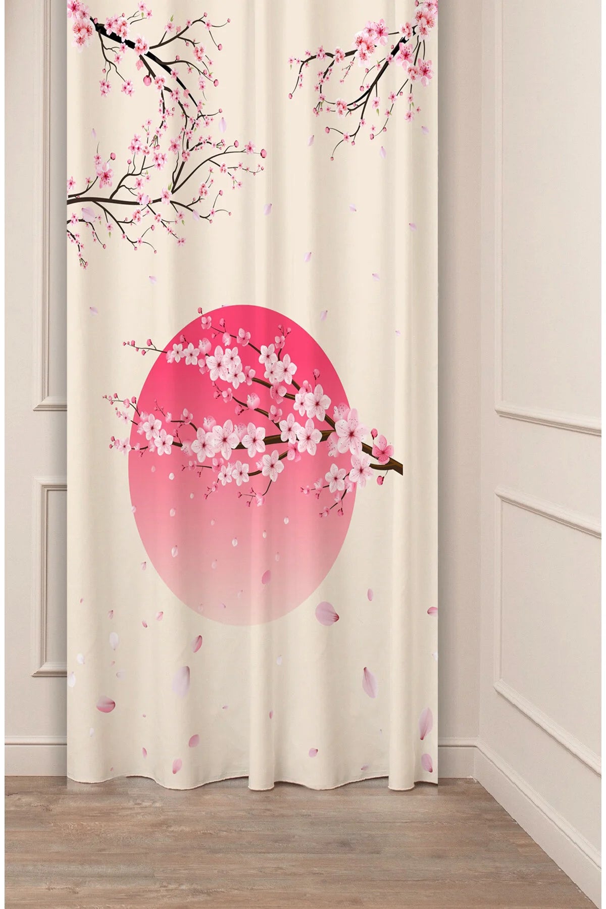 Japanese Sakura & Pink Rising Sun Curtain - Aesthetic Cherry Blossom Zen Art Digital Printed Single Panel Drape for Modern Home Decor