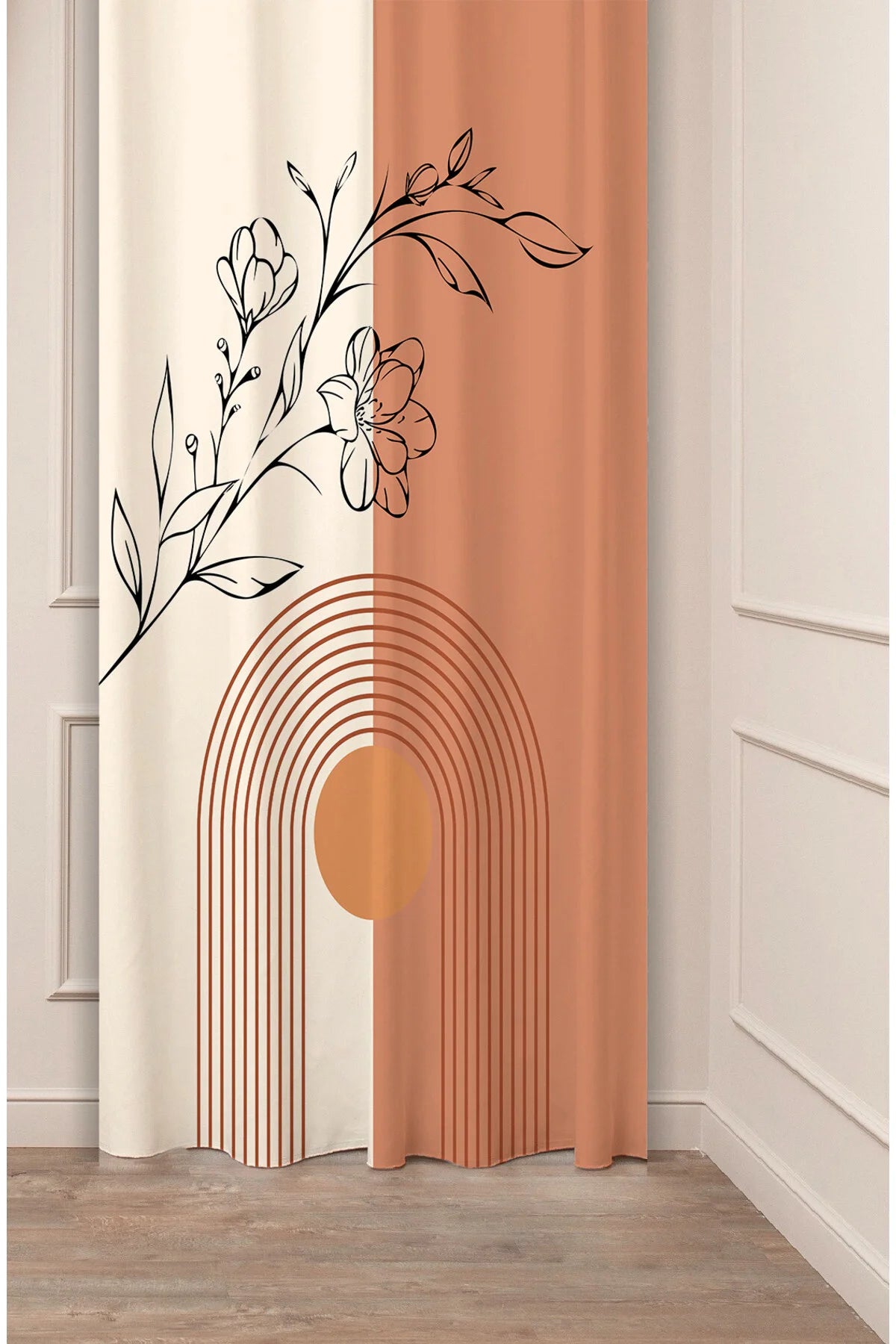 Modern Boho Floral Arch Curtain - Abstract Terracotta & Cream Block Minimalist Botanical Digital Printed Single Panel Drape for Aesthetic Home Decor
