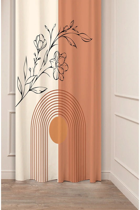 Modern Boho Floral Arch Curtain - Abstract Terracotta & Cream Block Minimalist Botanical Digital Printed Single Panel Drape for Aesthetic Home Decor