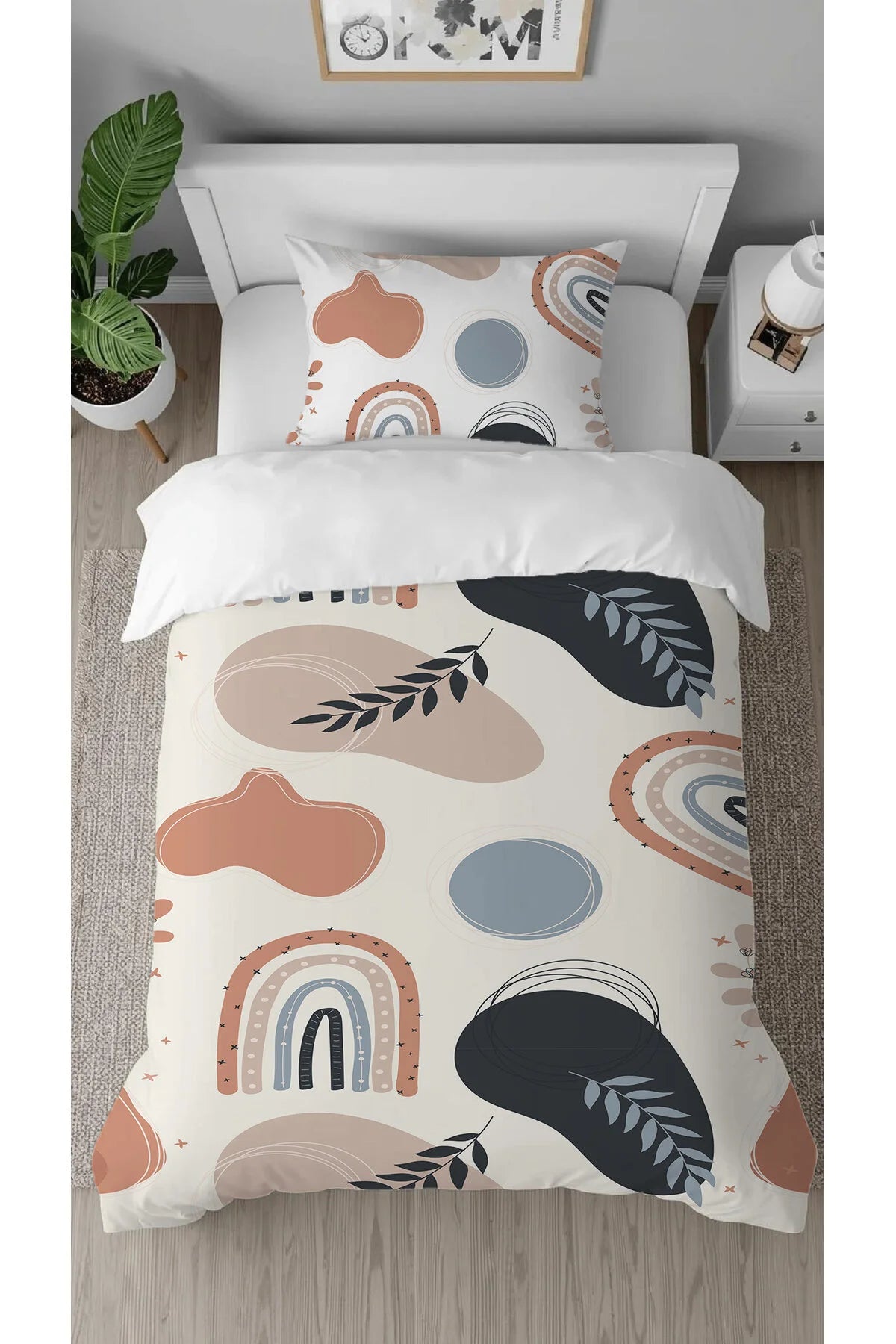 Woodland Deer & Floral Kids Bedding Set - Aesthetic Watercolor Fawn & Rainbow Digital Printed Soft Duvet Cover & Pillowcase for Boho Nursery Decor
