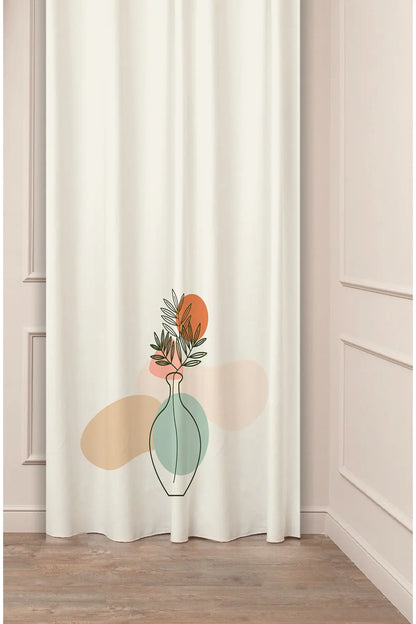 Minimalist Boho Vase & Terracotta Sun Curtain - Aesthetic Sage Green Botanical Line Art Digital Printed Single Panel Drape for Modern Living Room