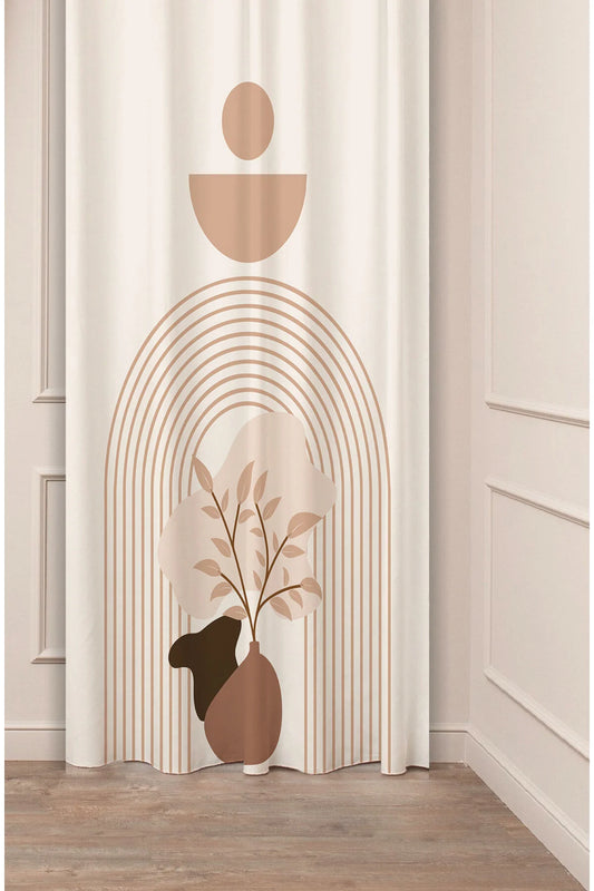 Minimalist Boho Rainbow Arch Curtain - Mid-Century Terracotta Draped Vase & Botanical Leaves Digital Printed Single Panel Drape for Aesthetic Living Room