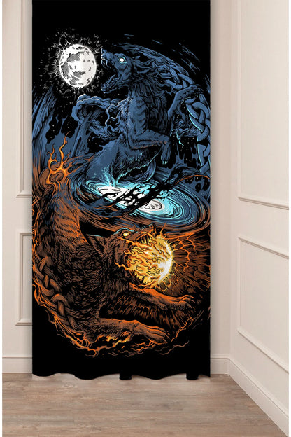Norse Mythology Hati and Sköll Wolf Curtain - Epic Viking Pagan Wolves Chasing Sun & Moon Digital Printed Single Panel Drape for Gaming Room & Gothic Decor