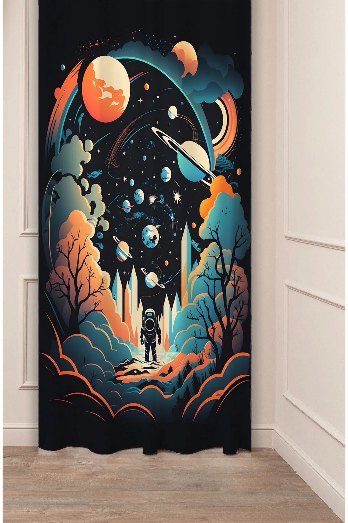 Astronaut Space Explorer Curtain - Whimsical Galaxy Planets & Stars Digital Printed Single Panel Drape for Kids Bedroom & Sci-Fi Aesthetic Decor