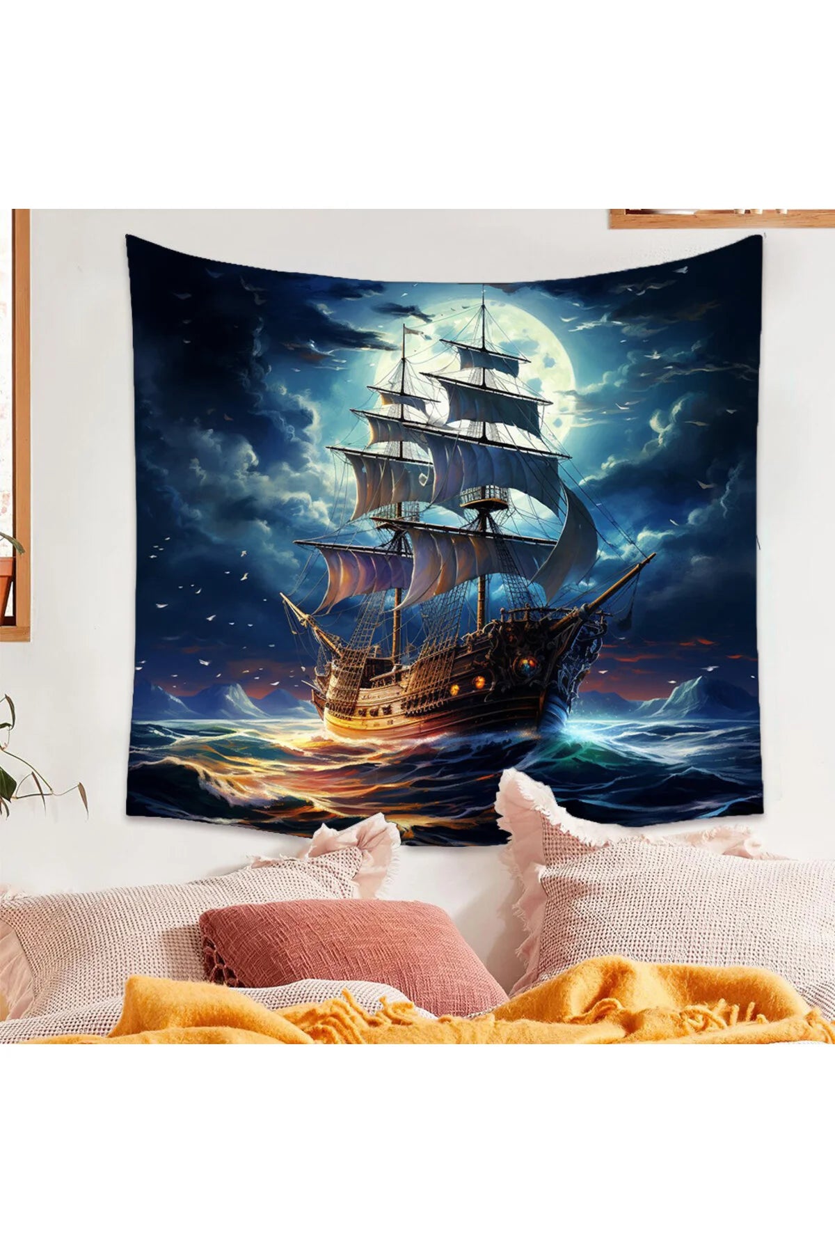 Mystical Pirate Ship Tapestry - Full Moon Night Ocean Waves Digital Printed Wall Hanging for Gothic Bedroom & Aesthetic Gaming Room Backdrop