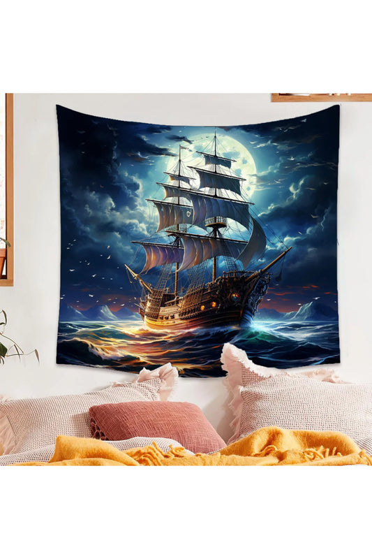 Mystical Pirate Ship Tapestry - Full Moon Night Ocean Waves Digital Printed Wall Hanging for Gothic Bedroom & Aesthetic Gaming Room Backdrop