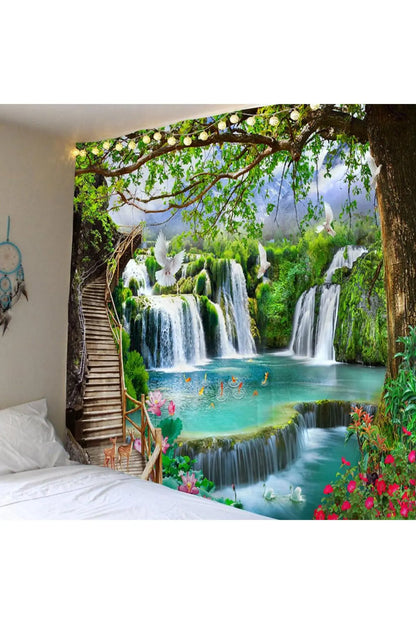 Floral Botanical Waterfall Paradise Wall Hanging – Decorative Wall Tapestry, Wall Art, Home Décor