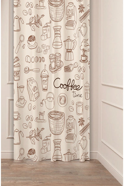 Vintage Coffee Time Aesthetic Curtain - Espresso, Latte & Moka Pot Boho Line Art Digital Printed Single Panel Drape for Modern Kitchen & Cafe Decor