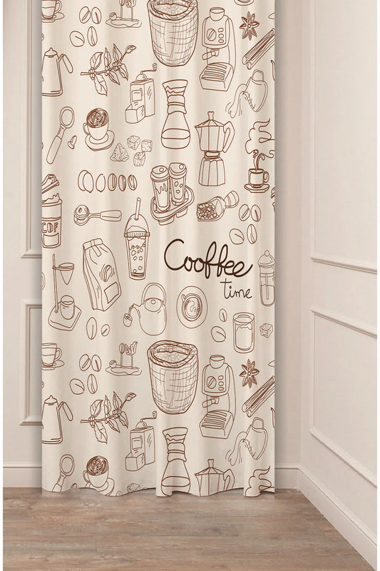 Vintage Coffee Time Aesthetic Curtain - Espresso, Latte & Moka Pot Boho Line Art Digital Printed Single Panel Drape for Modern Kitchen & Cafe Decor