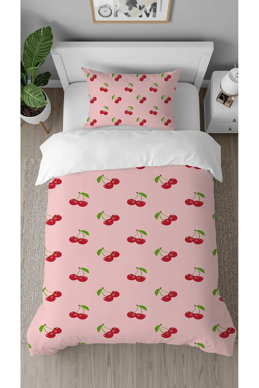 Sweet Pink Cherry Fruit Bedding Set - Cute Red Cherries & Berries Digital Printed Soft Twin Duvet Cover & Pillowcase for Cottagecore Bedroom Decor