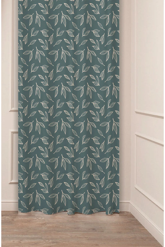 Earthy Sage Green Botanical Curtain - All-Over White Minimalist Leaves Digital Printed Single Panel Drape for Modern Biophilic & Scandinavian Living Room