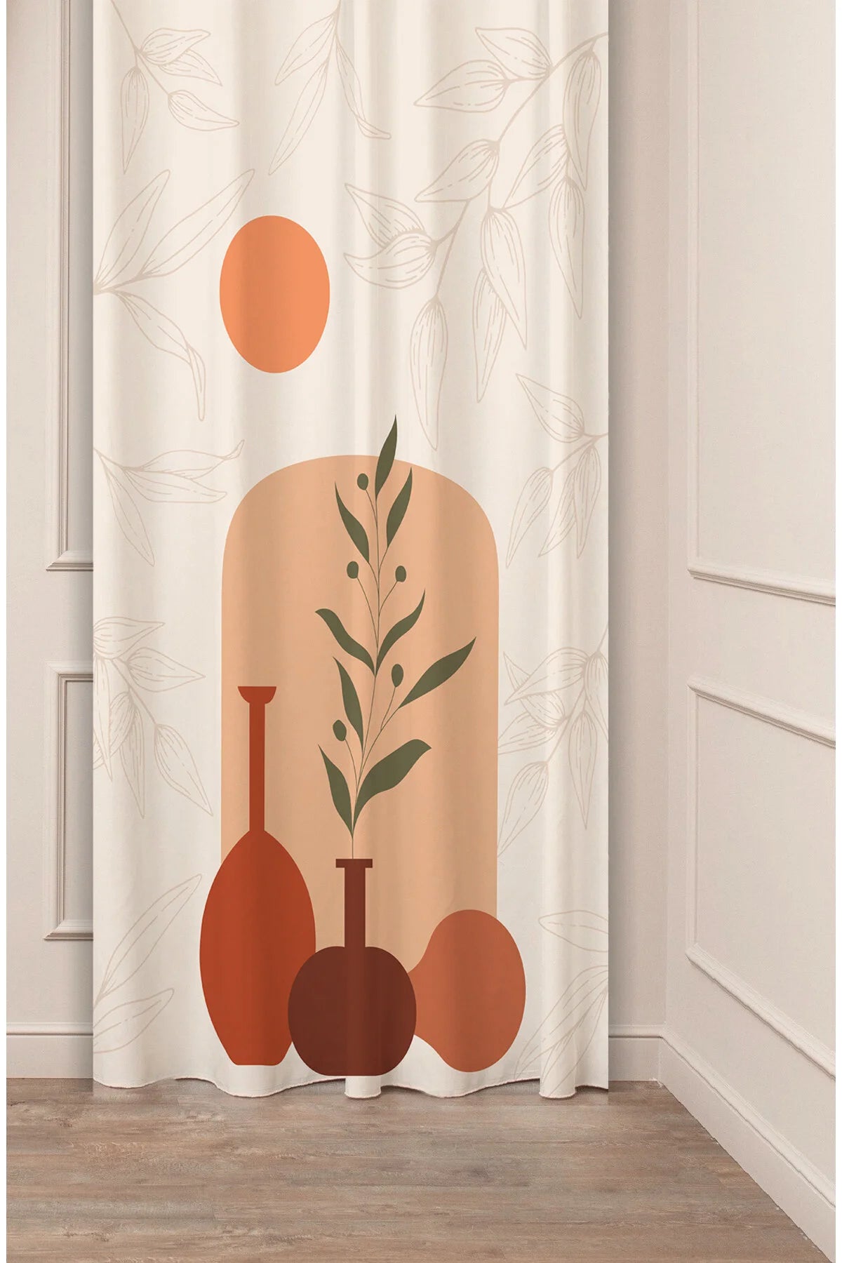 Minimalist Boho Green Leaf Curtain - Elegant Botanical Branches Line Art Digital Printed Single Panel Drape for Modern Living Room & Aesthetic Bedroom Decor