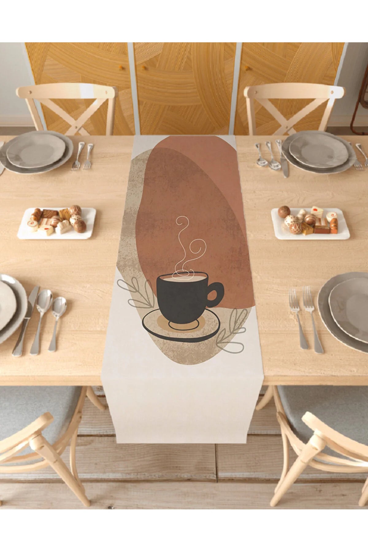 Minimalist Coffee Cup Boho Table Runner - Terracotta Abstract Shapes & Botanical Line Art Digital Printed Modern Dining & Coffee Bar Cloth (40x150cm)