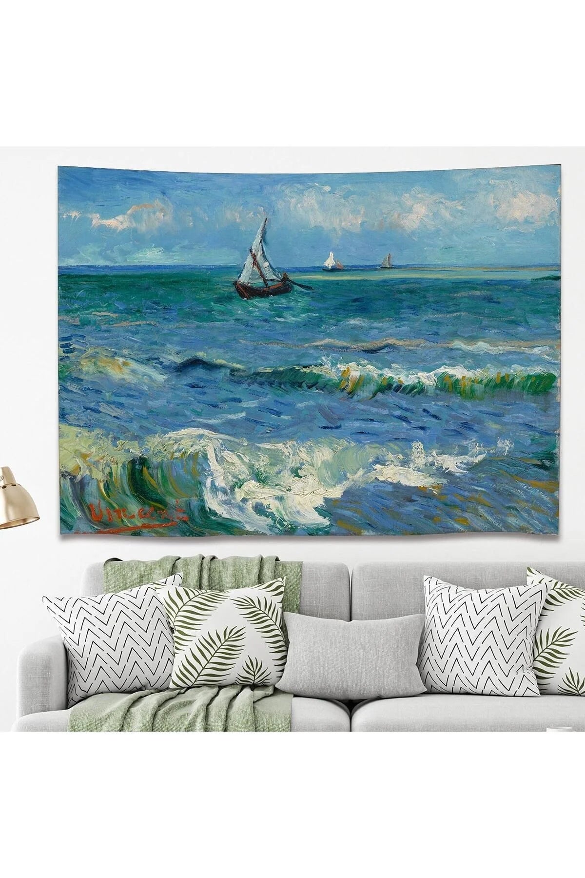 Van Gogh Seascape Fine Art Tapestry - "The Sea at Les Saintes-Maries-de-la-Mer" Impressionist Ocean Waves & Sailboat Wall Hanging for Aesthetic Living Room Decor