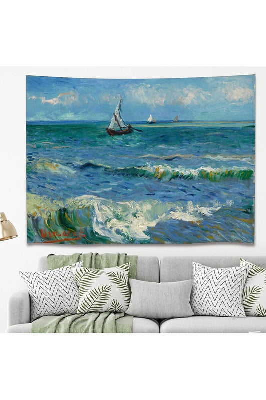 Van Gogh Seascape Fine Art Tapestry - "The Sea at Les Saintes-Maries-de-la-Mer" Impressionist Ocean Waves & Sailboat Wall Hanging for Aesthetic Living Room Decor