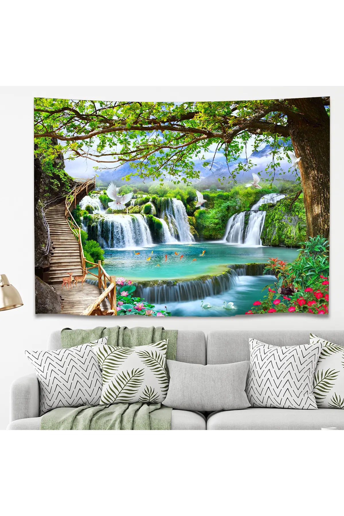 Floral Botanical Waterfall Paradise Wall Hanging – Decorative Wall Tapestry, Wall Art, Home Décor