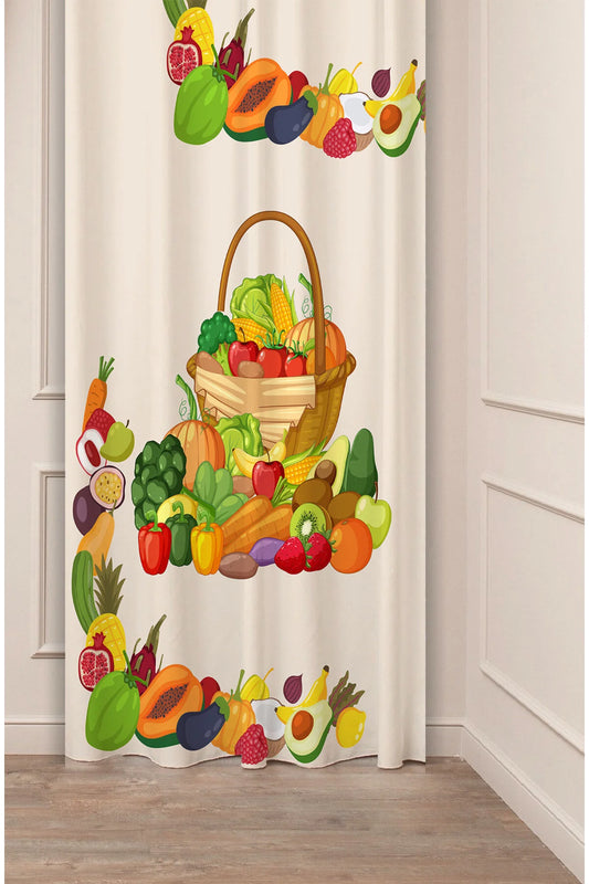 Vibrant Farmhouse Fruit & Vegetable Basket Curtain - Fresh Harvest Botanical Digital Printed Single Panel Drape for Modern Kitchen & Dining Room
