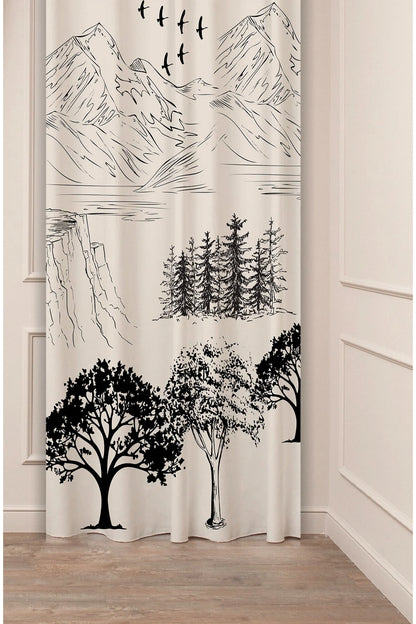 Nordic Mountain Line Art Curtain - Minimalist Black & White Nature Landscape Forest, Flying Birds Sketch Digital Printed Single Panel Drape for Scandi Living Room