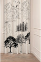 Nordic Mountain Line Art Curtain - Minimalist Black & White Nature Landscape Forest, Flying Birds Sketch Digital Printed Single Panel Drape for Scandi Living Room