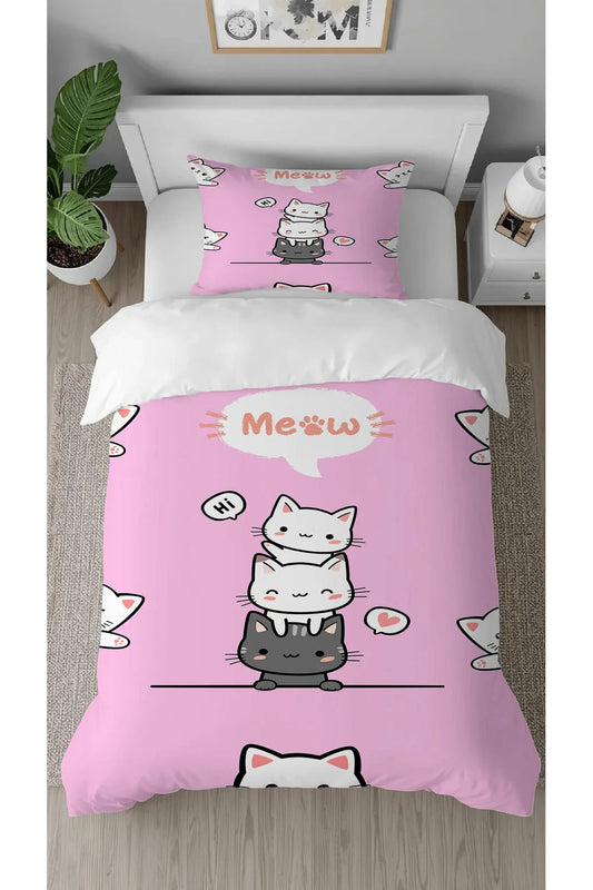 Cute Stacked Cats Kids Bedding Set - Sweet Pink Feline Pattern Digital Printed Soft Single Duvet Cover & Pillowcase for Girls Bedroom Decor