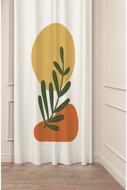 Abstract Mid-Century Botanical Sun Curtain - Minimalist Earthy Terracotta & Ochre Shapes with Elegant Leaf Line Art Single Panel Drape for Aesthetic Living Room