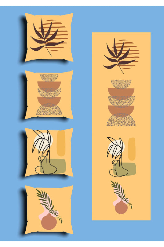Mid-Century Modern Boho Cushion Cover Set & Table Runner - Minimalist Earthy Terracotta Shapes & Abstract Floral Botanical Line Art for Living Room Decor