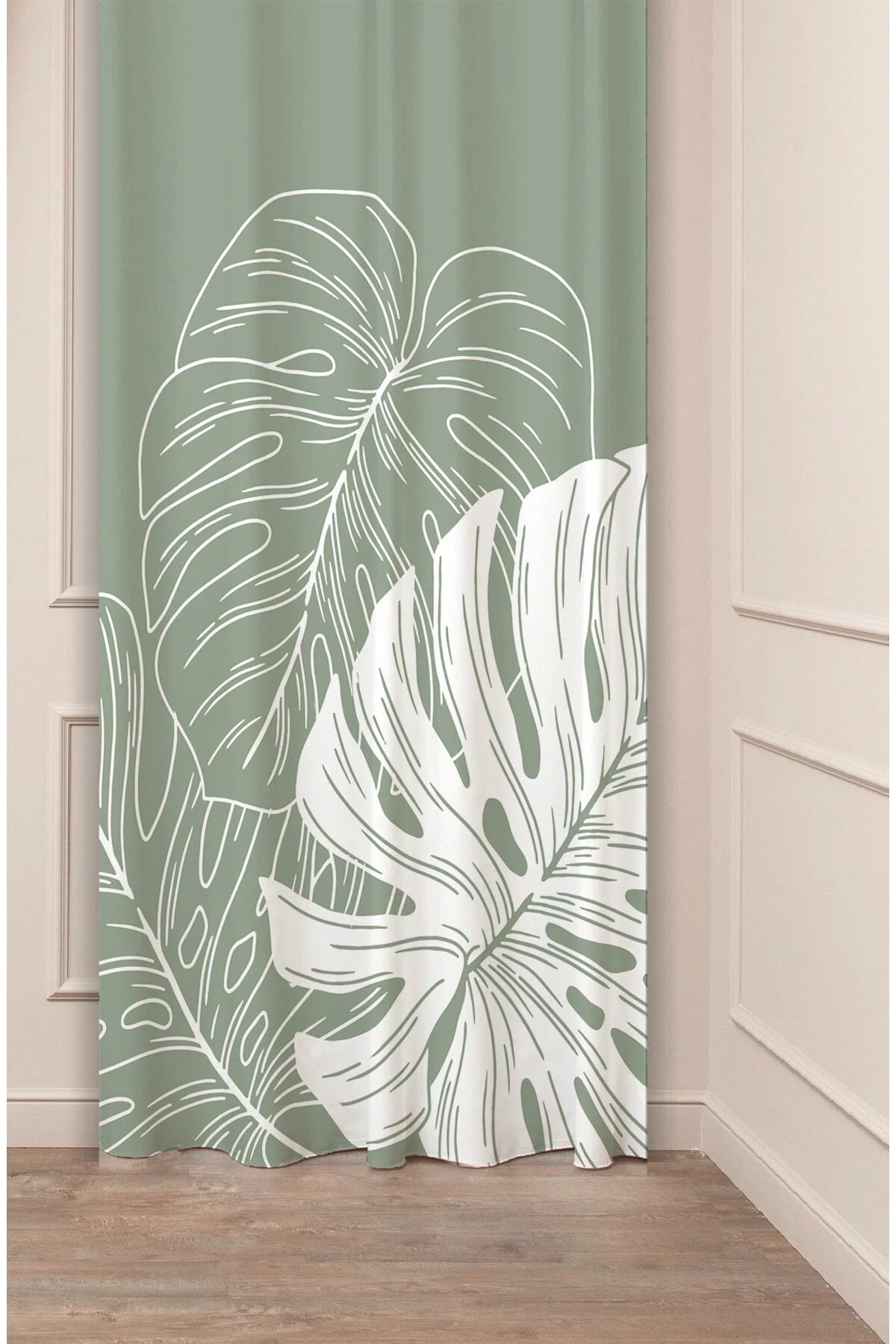 Green Leaf Bohemian Patterned Digital Printed Drape (Single Panel) - Modern Soft Color Design