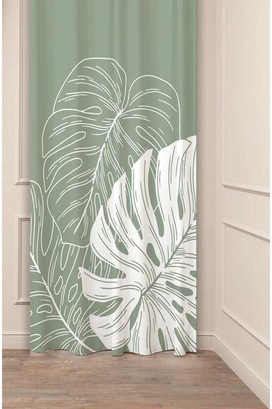 Green Leaf Bohemian Patterned Digital Printed Drape (Single Panel) - Modern Soft Color Design