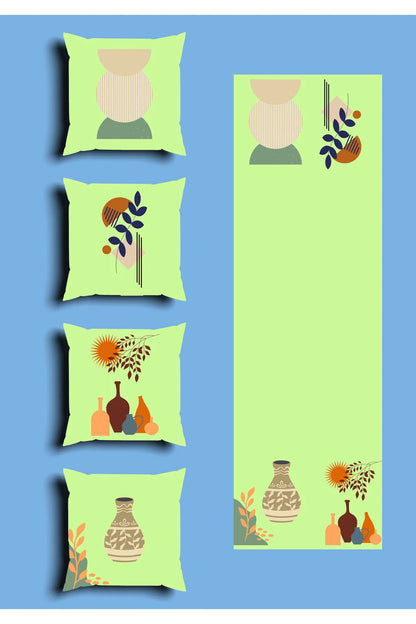 Mid-Century Modern Boho Cushion Cover Set & Table Runner - Minimalist Earthy Terracotta Shapes & Abstract Floral Botanical Line Art for Living Room Decor