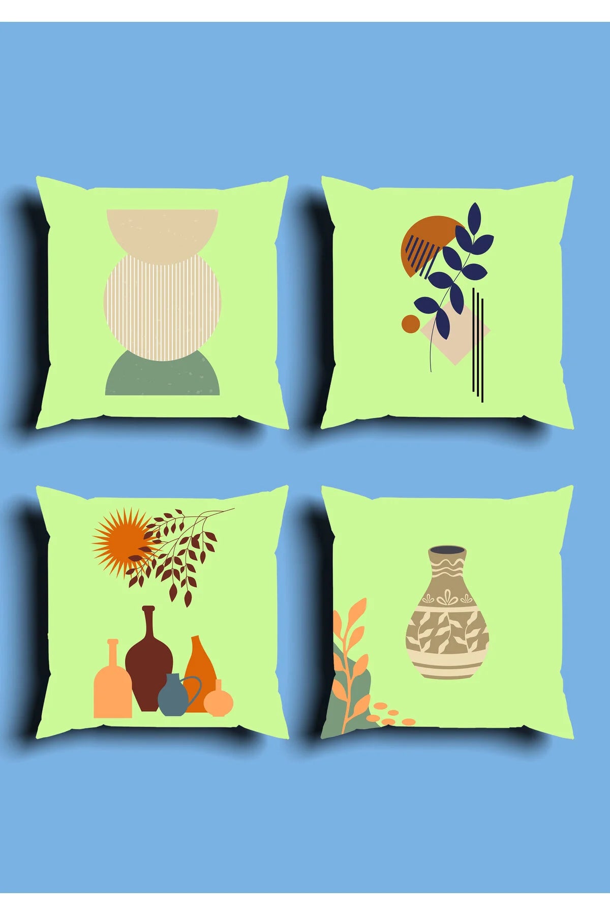 Mid-Century Modern Boho Cushion Cover Set & Table Runner - Minimalist Earthy Terracotta Shapes & Abstract Floral Botanical Line Art for Living Room Decor
