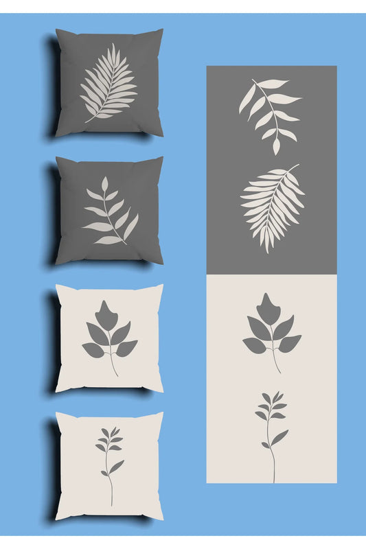 Mid-Century Modern Boho Cushion Cover Set & Table Runner - Minimalist Earthy Terracotta Shapes & Abstract Floral Botanical Line Art for Living Room Decor