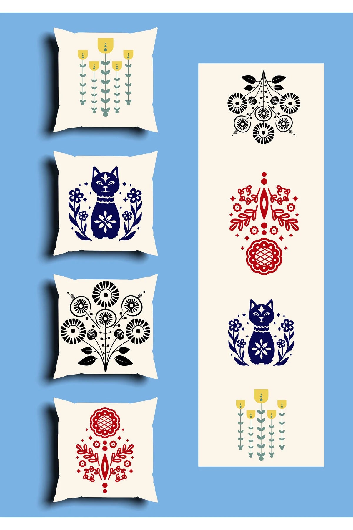 Scandinavian Folk Art Cat & Floral Cushion Cover Set & Table Runner - Nordic Symmetric Botanical Blossom & Cute Blue Kitten Combo for Home Decor