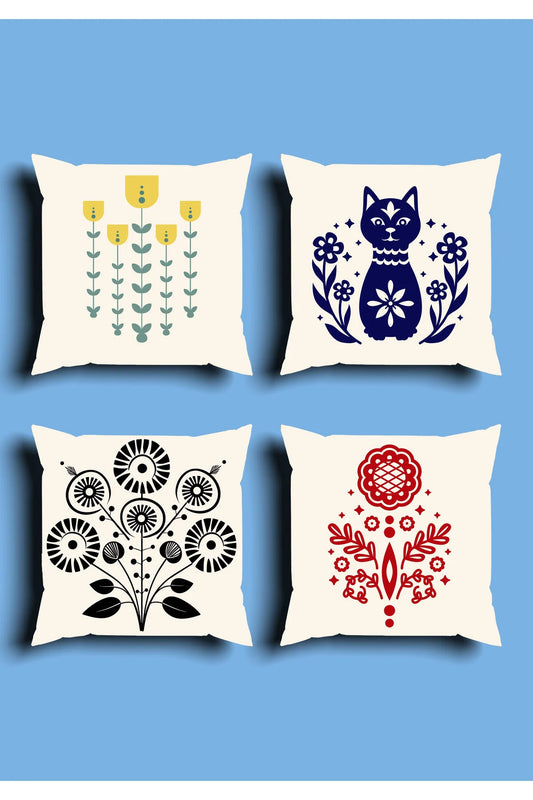 Scandinavian Folk Art Cat & Floral Cushion Cover Set & Table Runner - Nordic Symmetric Botanical Blossom & Cute Blue Kitten Combo for Home Decor